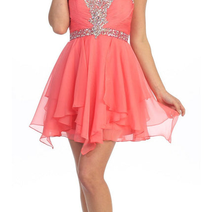 CLEARANCE - Celavie 3005s Short Coral A-Line Dress Sweetheart Rhinestone (Size S)
