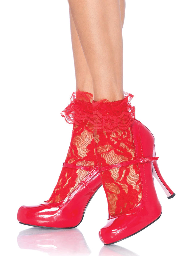 Lace Anklets with Ruffle Cuff - Red - O/S