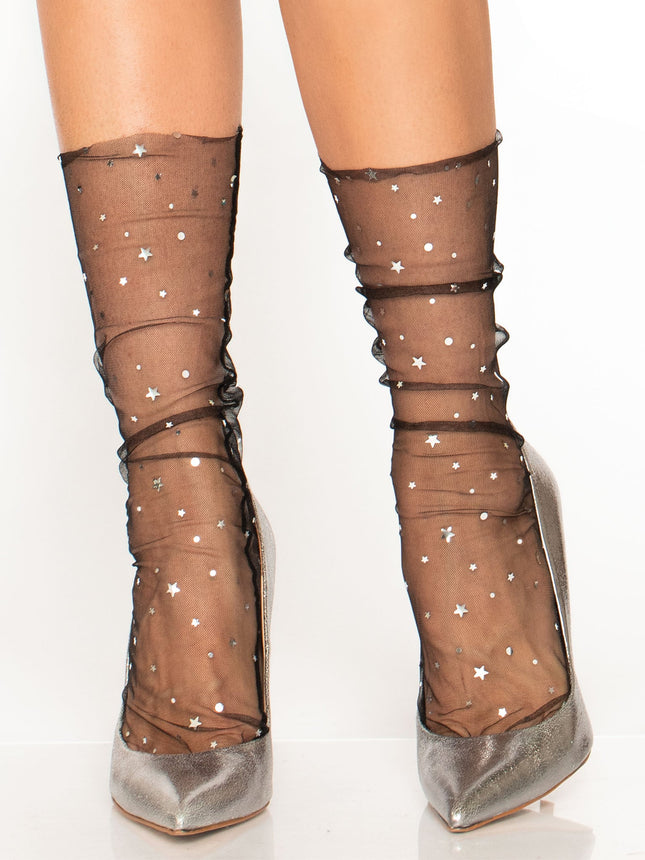 Stars and Moons Embellished Sheer Tulle Anklet Socks - Black - O/S