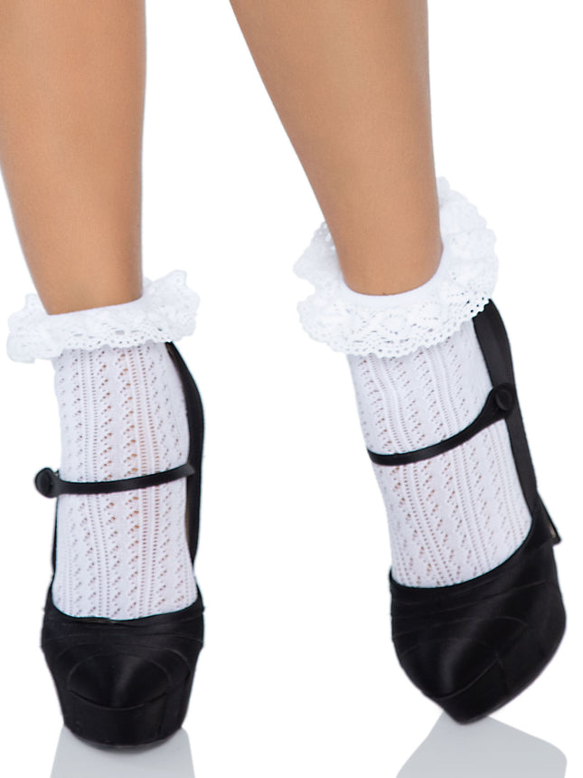 Zigzag Crochet Anklet Socks with Crochet Eyelet Lace - White - O/S