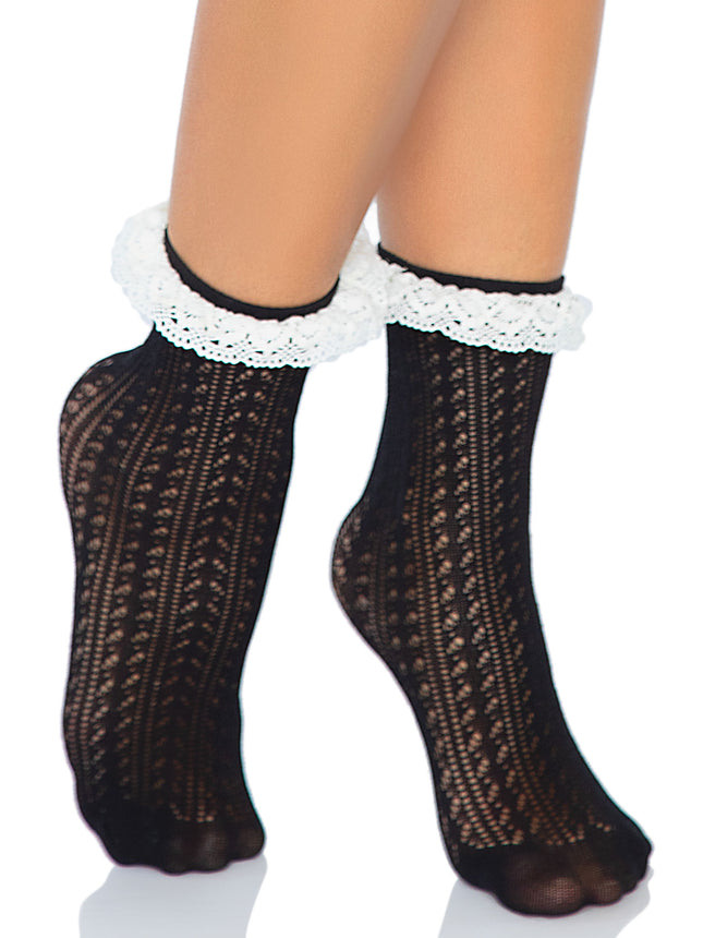 Zigzag Crochet Anklet Socks with Crochet Eyelet Lace - Blk/White - O/S