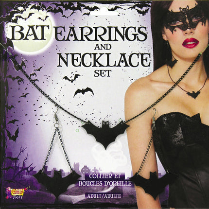 Black Bat Dangle Earrings and Necklace Costume Jewelry Set