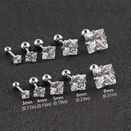 316 Stainless Steel Square Stud Earrings with Cubic Zirconia Accents