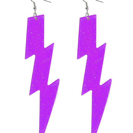 Neon Purple Plastic Glitter Lightning Bolt Earrings Club Candy Accessory