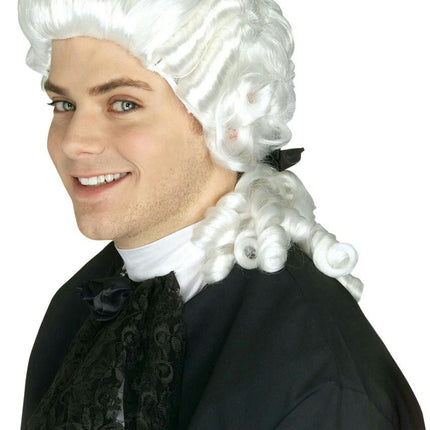 White 18th Century Colonial Peruke Curly Wig with Ponytail