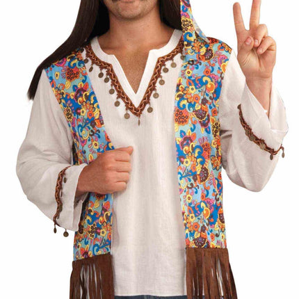 Male Hippie Costume Groovy Shirt with Attached Vest and Headband Costume Set