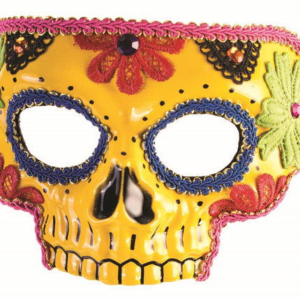 Day Of The Dead Yellow Half Skull with Flowers Adult Venetian Mask