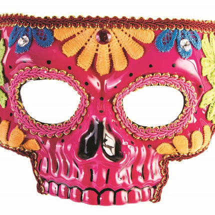 Day Of The Dead Pink Half Skull with Flowers Adult Venetian Mask