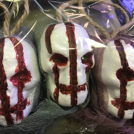 3 Bloody Hanging Skulls with Mesh Netting Hoods