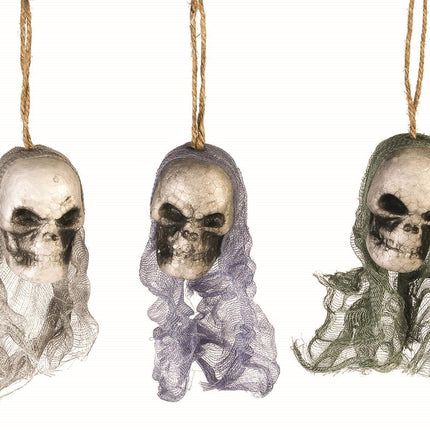 3 Bloody Hanging Skulls with Mesh Netting Hoods