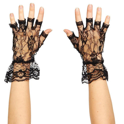 Wome's Black Lace Fingerless Gloves 80's Material Girl
