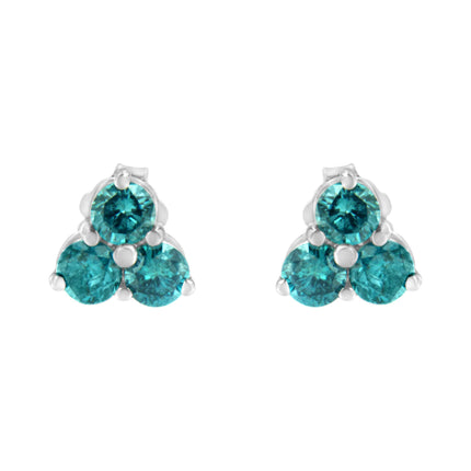 14KT White Gold Treated Blue Diamond Trio Stud Earrings (1 1/3 cttw, Blue)
