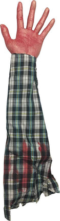 Bloody Hand and Arm with Plaid Shirt Hang out of Trunk Halloween Gag Prop