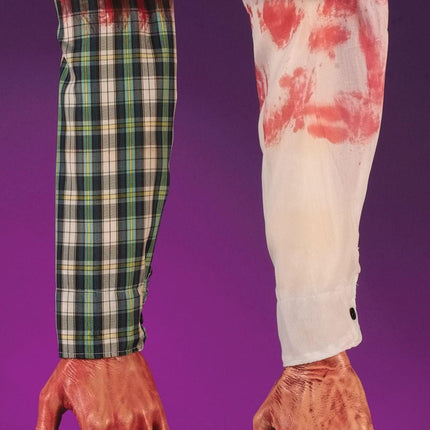 Bloody Hand and Arm with Plaid Shirt Hang out of Trunk Halloween Gag Prop