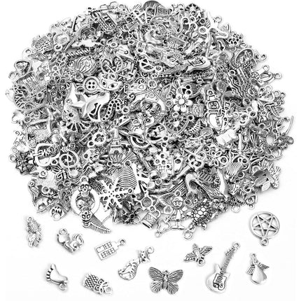 50-Pieces: Silver Charms for Jewelry Making Wholesale Bulk Tibetan Silver Charm Pendants for DIY Necklace Bracelet Earring Craft Supplies