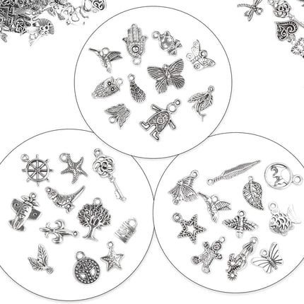 50-Pieces: Silver Charms for Jewelry Making Wholesale Bulk Tibetan Silver Charm Pendants for DIY Necklace Bracelet Earring Craft Supplies