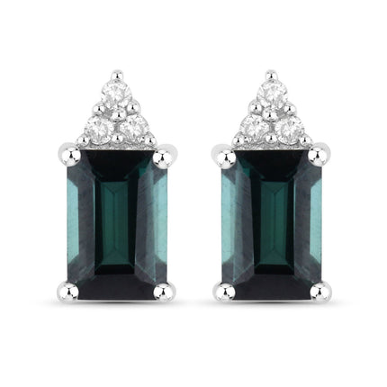 1.25 Carat Genuine Green Tourmaline and White Diamond 14K White Gold Earrings