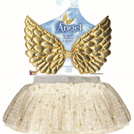 Gold Glitter Angel Wings and Tutu Skirt Child Costume Kit