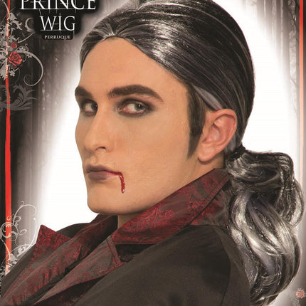 Gothic Vampire Prince Black and Silver Long Ponytail Wig
