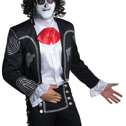 Adult Fabric Men's Day Of The Dead Male Mask with Attached Black Curly Wig