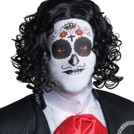 Adult Fabric Men's Day Of The Dead Male Mask with Attached Black Curly Wig