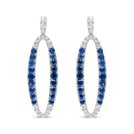 18K White Gold 1.11 Cttw Blue Round Diamond and Blue Sapphire Openwork Oval Shaped Dangle Earrings (F-G Color, VS1-VS2 Clarity)