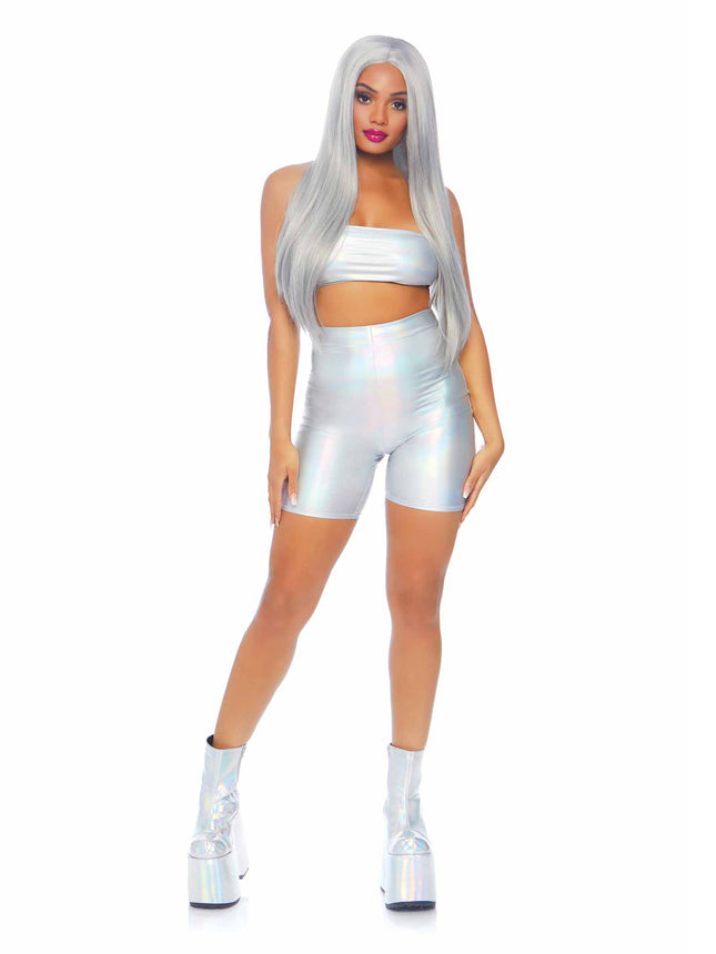 2 PC Holographic Metallic Spandex Bandeau and Bike Shorts - Silver - MED/LGE