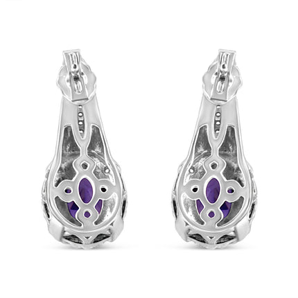 .925 Sterling Silver 8x6 MM Natural Oval Purple Amethyst Gemstone and Diamond Accent Art Deco Style Drop and Dangle Earrings (I-J Color, I1-I2 Clarity)