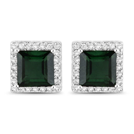 1.55 Carat Genuine Green Tourmaline and White Diamond 14K White Gold Earrings