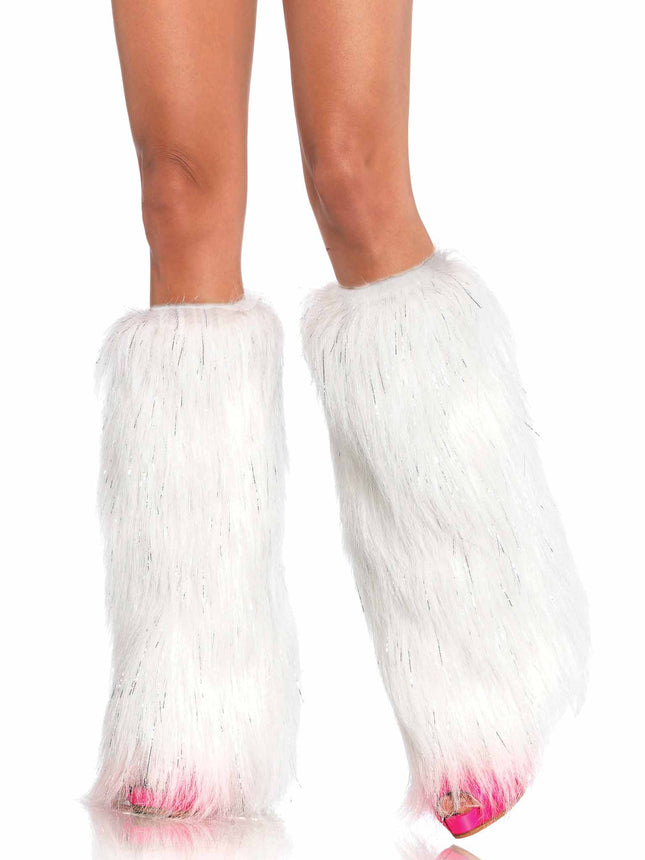 Furry Metallic Shimmer Leg Warmers - White/Silv - O/S