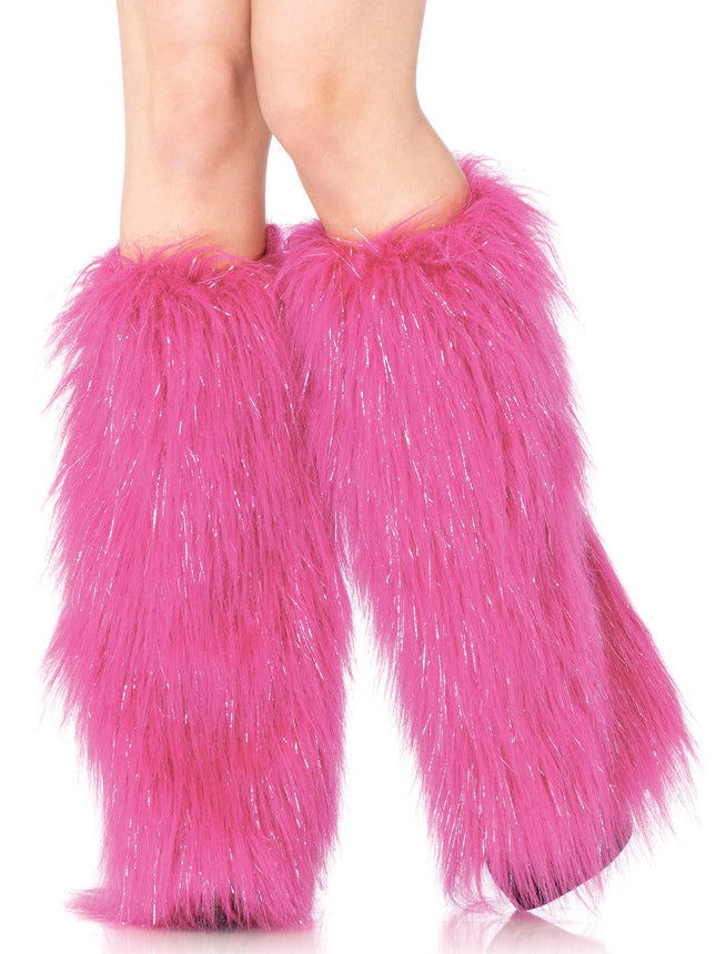 Furry Metallic Shimmer Leg Warmers - Pink/Silve - O/S