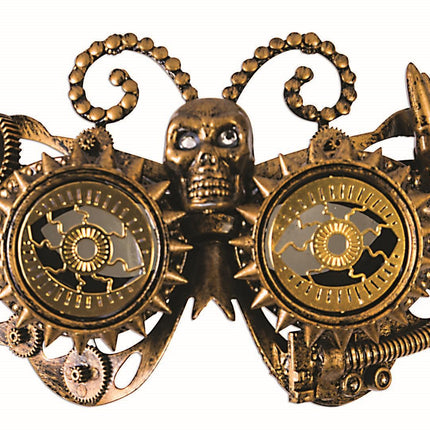 Gold Steampunk Eye Mask With Gears and Horned Skull
