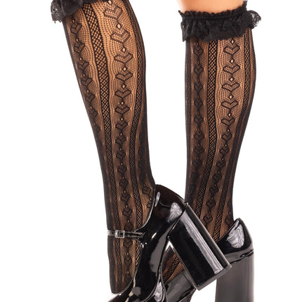 Sweetheart Knit Knee Highs with Lace Ruffle Cuff - Black - O/S