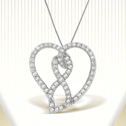 14K White Gold 1.0 Cttw White Diamond Awareness Ribbon & Open Heart 18" Pendant Necklace (H-I Color, I1-I2 Clarity) - White Diamond Ribbon