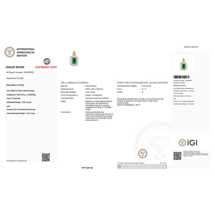 IGI Certified 2.37 Carat Genuine Zambian Emerald and White Diamond 14K Yellow & White Gold Pendant