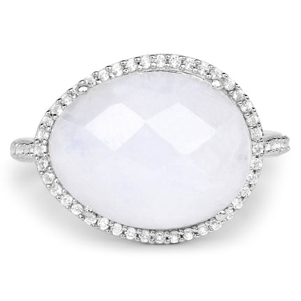 7.33 Carat Genuine White Rainbow Moonstone And White Topaz .925 Sterling Silver Ring
