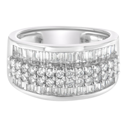 14K White Gold Round and Baguette Diamond Ring (1 1/2 Cttw, F-G Color, SI1-SI2 Clarity) - Size 6-3/4