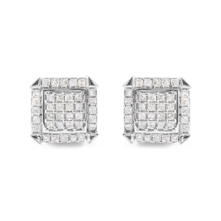 10K White Gold 1 1/10 Cttw Princess Diamond Composite and Halo Stud Earrings (I-J Color, I1-I2 Clarity)