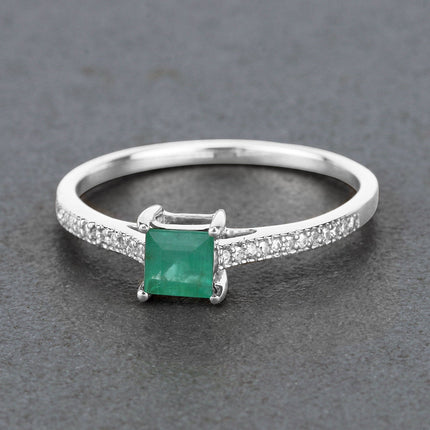 0.67 Carat Genuine Zambian Emerald and White Diamond 14K White Gold Ring
