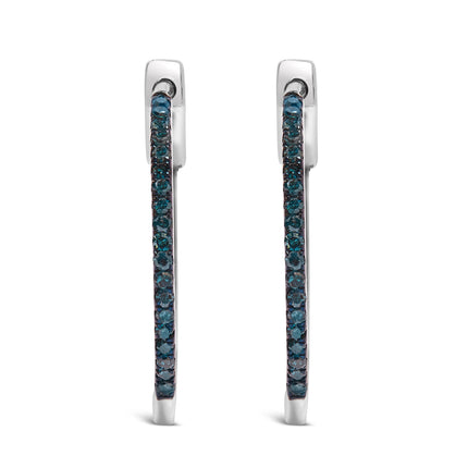 .925 Sterling Silver 1/3 Cttw Inside Out Blue Treated Diamond 1MM Wide Hoop Earrings (Blue Color, I2-I3 Clarity)