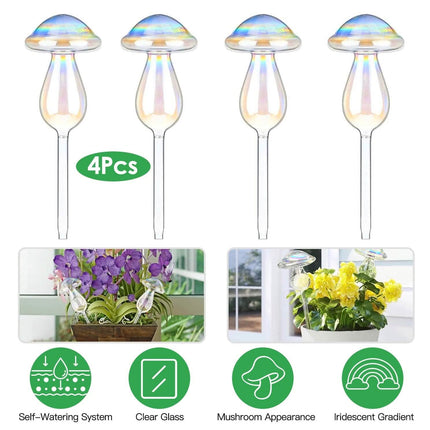 4-Pieces: Clear Glass Plant Watering Globes Iridescent Rainbow Gradient Mushroom