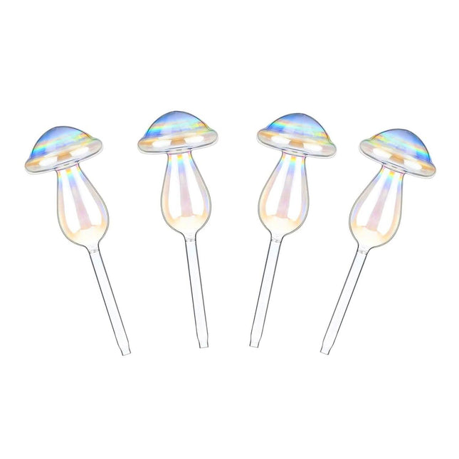 4-Pieces: Clear Glass Plant Watering Globes Iridescent Rainbow Gradient Mushroom