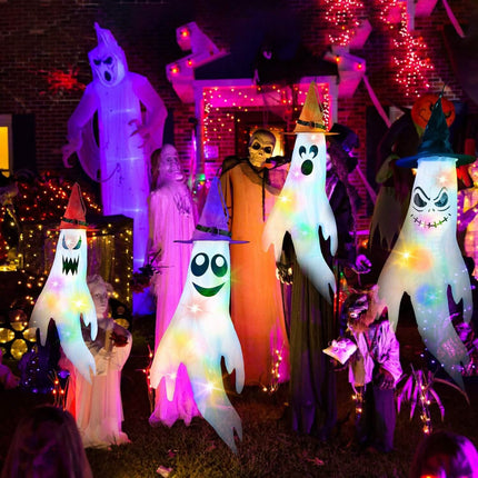 4-Pieces: Halloween Ghosts with Witch Hats Windsocks Hanging Decoration with Colorful LED Light