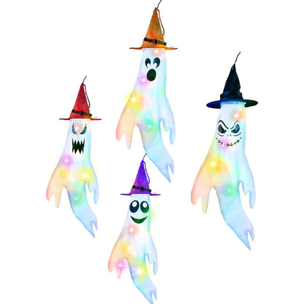 4-Pieces: Halloween Ghosts with Witch Hats Windsocks Hanging Decoration with Colorful LED Light