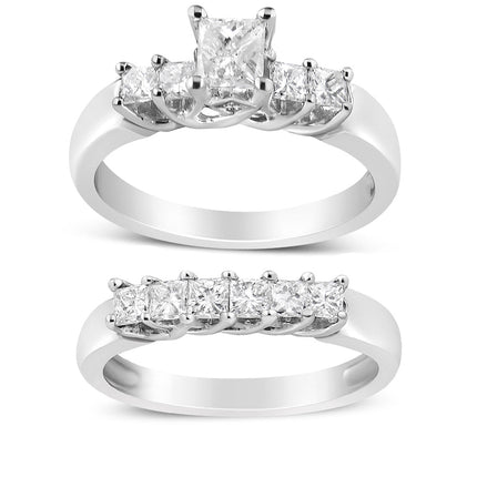 14K White Gold 1 1/2 Cttw 5 Stone Princess Diamond Engagement Wedding Ring Set (H-I Color, SI2-I1 Clarity) - Ring Size 7