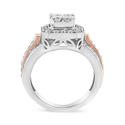 14K White and Rose Gold 1 1/8 Cttw Princess and Round-Cut Diamond Art Deco Style Triple Shank Halo Cocktail Ring (I-J Color, SI2-I1 Clarity) - Size 7