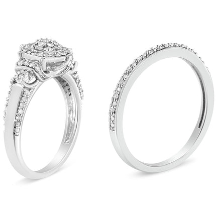 .925 Sterling Silver 1/3 Cttw Diamond 7 Stone Cluster and Halo Engagement Ring and Wedding Band Set (I-J Color, I1-I2 Clarity) - Size 7