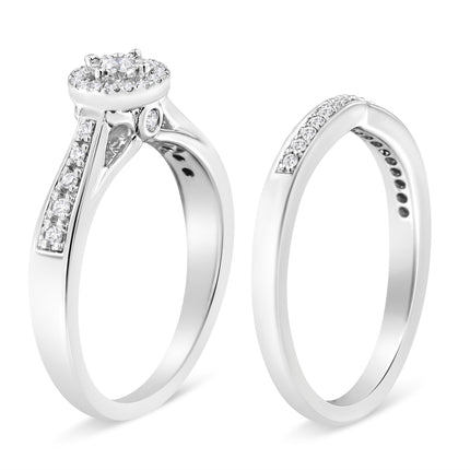 .925 Sterling Silver 1/3 Cttw Diamond Halo and Pave Shank Engagement Ring Set (I-J Color, I3 Clarity) - Ring Size 7