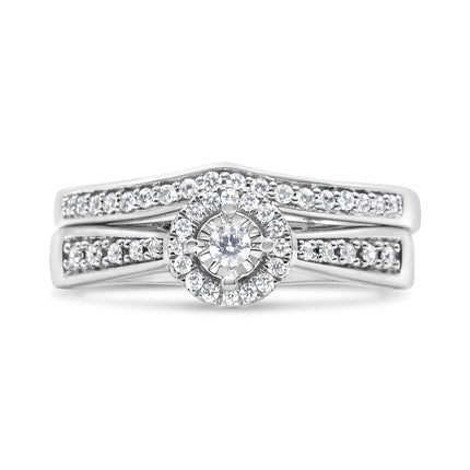.925 Sterling Silver 1/3 Cttw Diamond Halo and Pave Shank Engagement Ring Set (I-J Color, I3 Clarity) - Ring Size 7