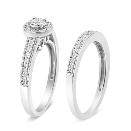.925 Sterling Silver 1/2 Ctw Diamond Halo and Milgrain Engagement Ring Bridal Set (I-J Color, I3 Clarity) - Ring Size 7